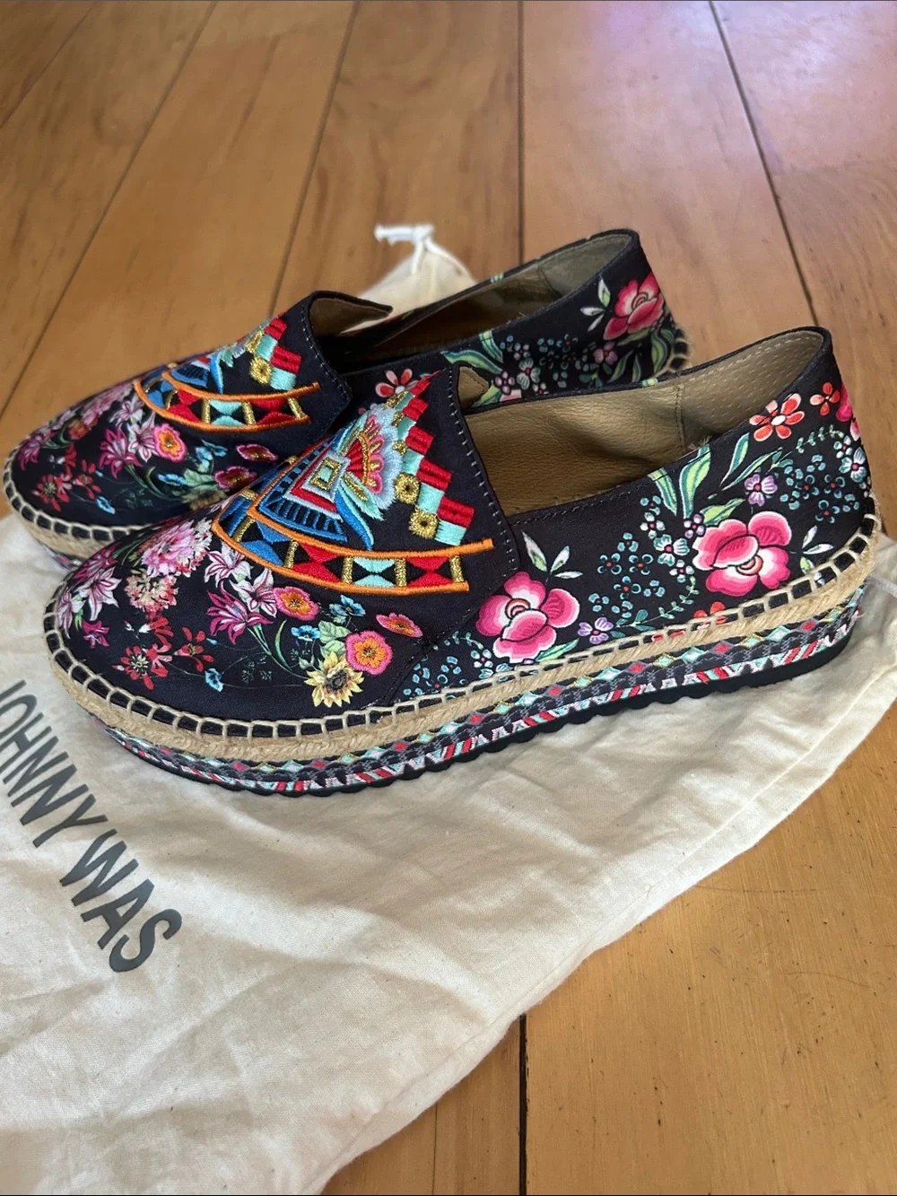 Johnny Was Black Espadrille Slip-Ons with Multicolor Floral Embroidery